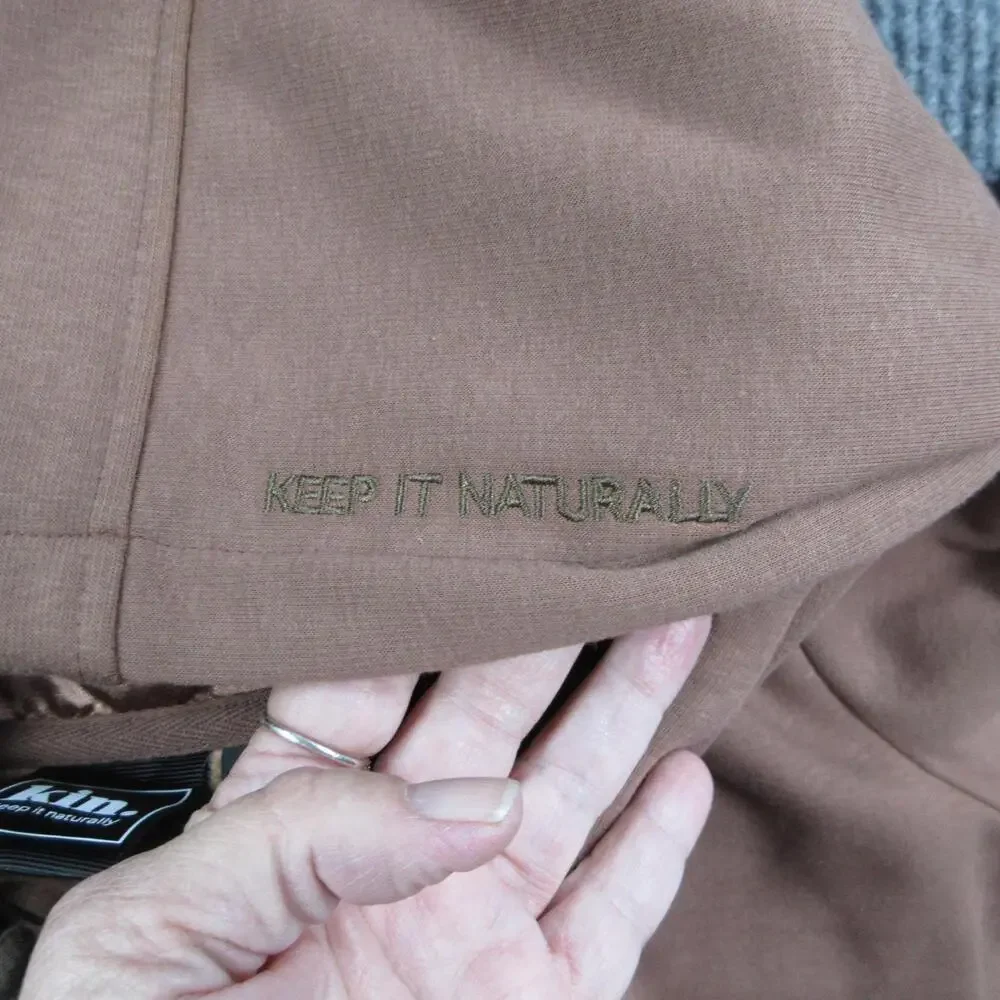 Kin. Hoodie Mens L Brown Pullover Hooded Pockets Satin Lined Embroidered NWT